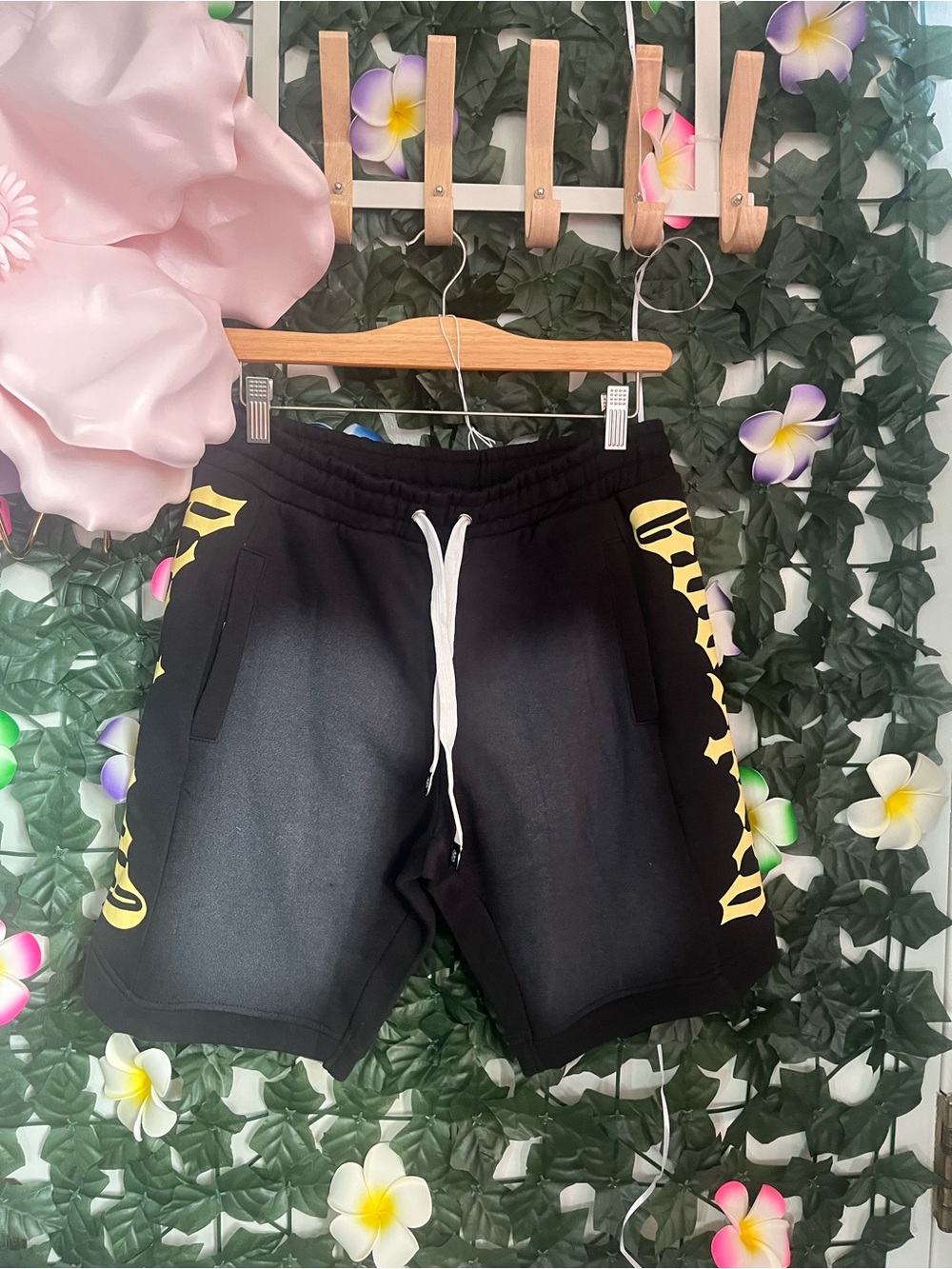 Fear of God Black Athletic Shorts with Yellow Side Graphic